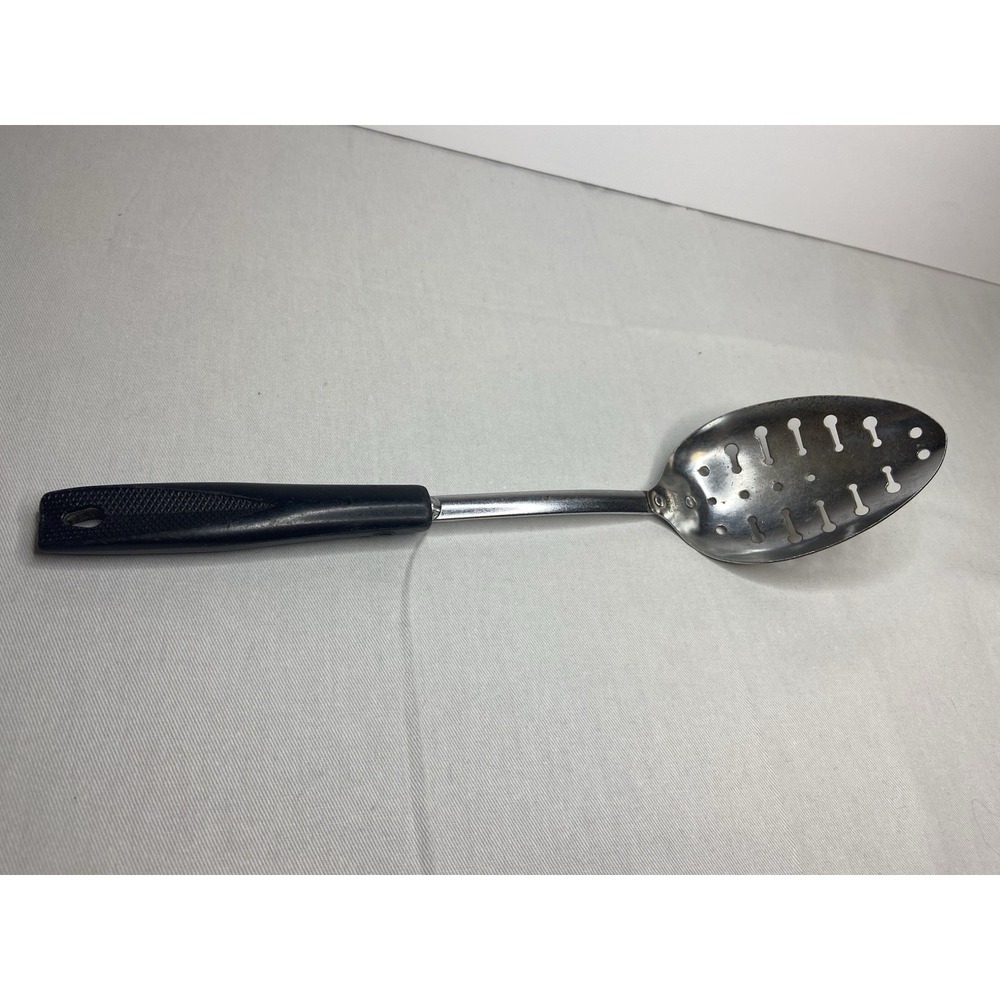 Vintage EKCO Slotted‎ Spoon Chromium Plated Black Handle Made in USA 11 Inch